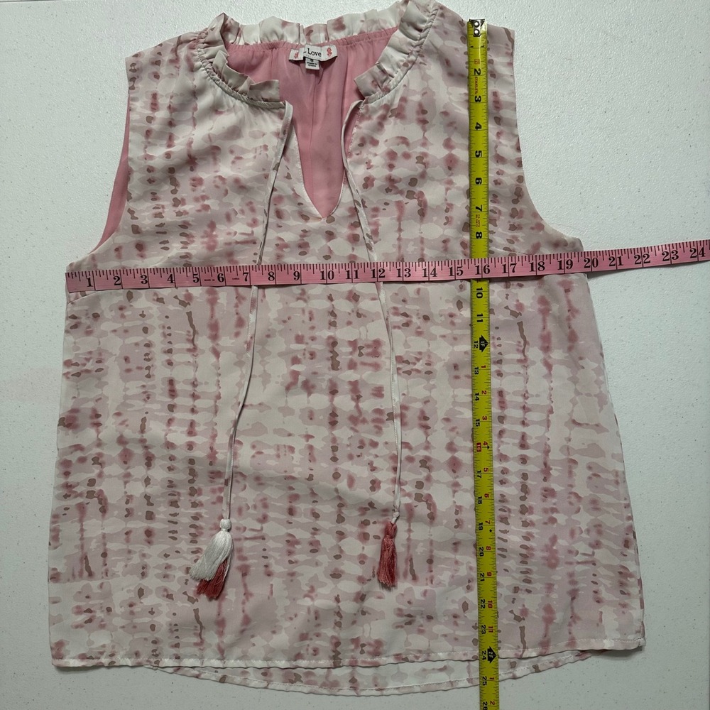 L Love Pink & White Sleeveless Blouse Shirred Neckline Tassel V-Neck Top Lined S - Picture 5 of 5